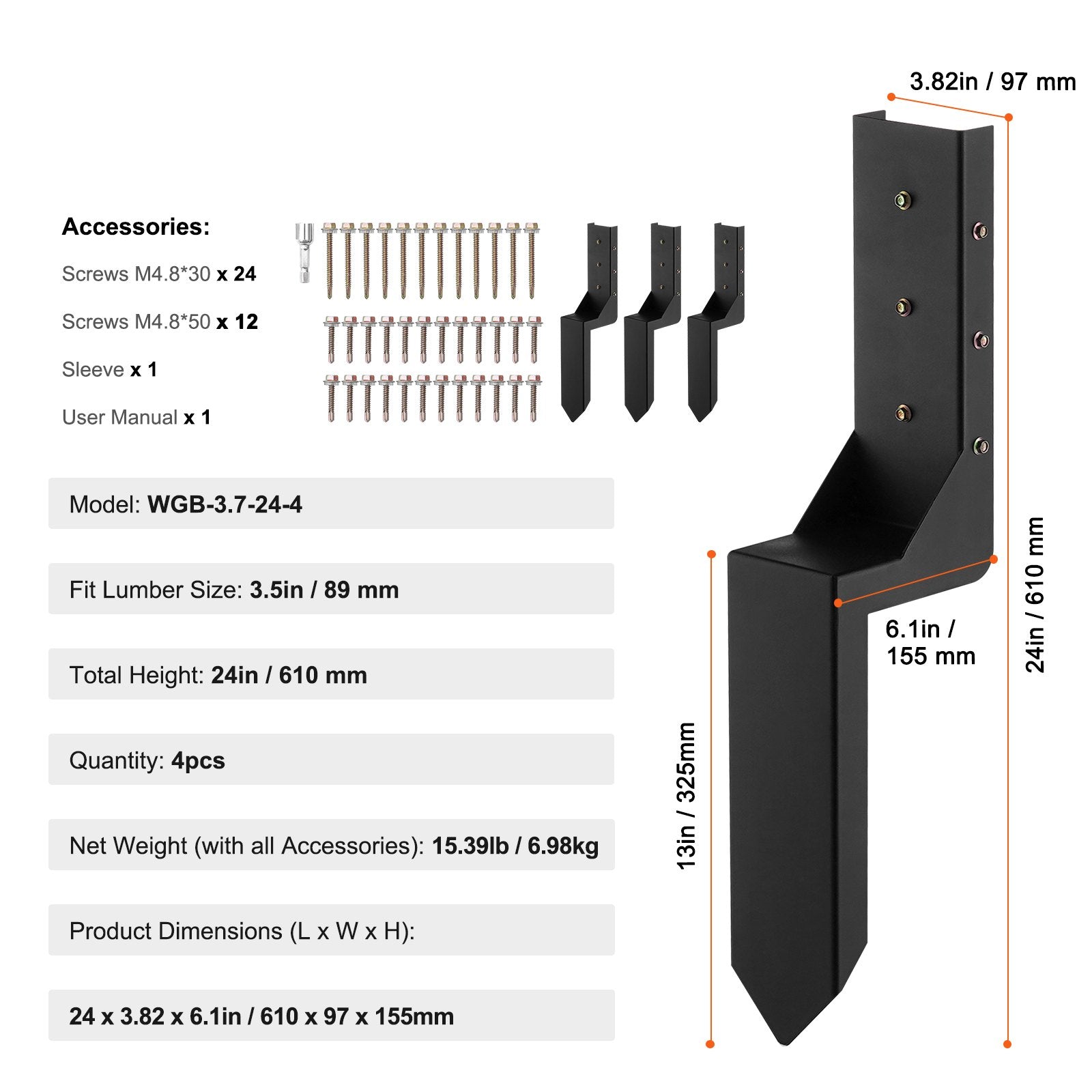Fence Post Anchor Repair Kit, 4 Pack Inner Diameter 8.9x8.9 cm Heavy Duty Steel Fence Post Support Stakes, V952-WGBGXDD37YC2TWBB6V0