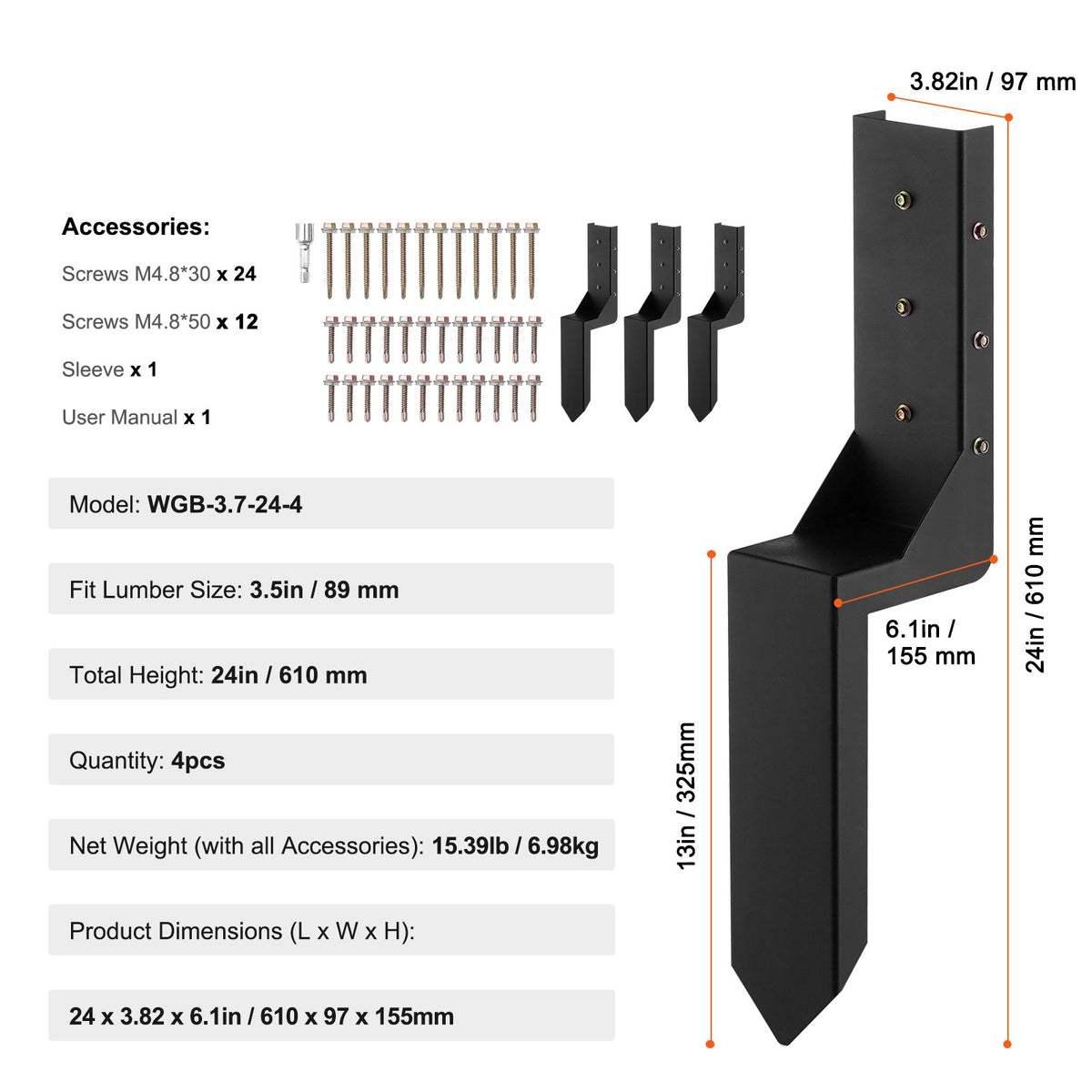 Fence Post Anchor Repair Kit, 4 Pack Inner Diameter 8.9x8.9 cm Heavy Duty Steel Fence Post Support Stakes, V952-WGBGXDD37YC2TWBB6V0