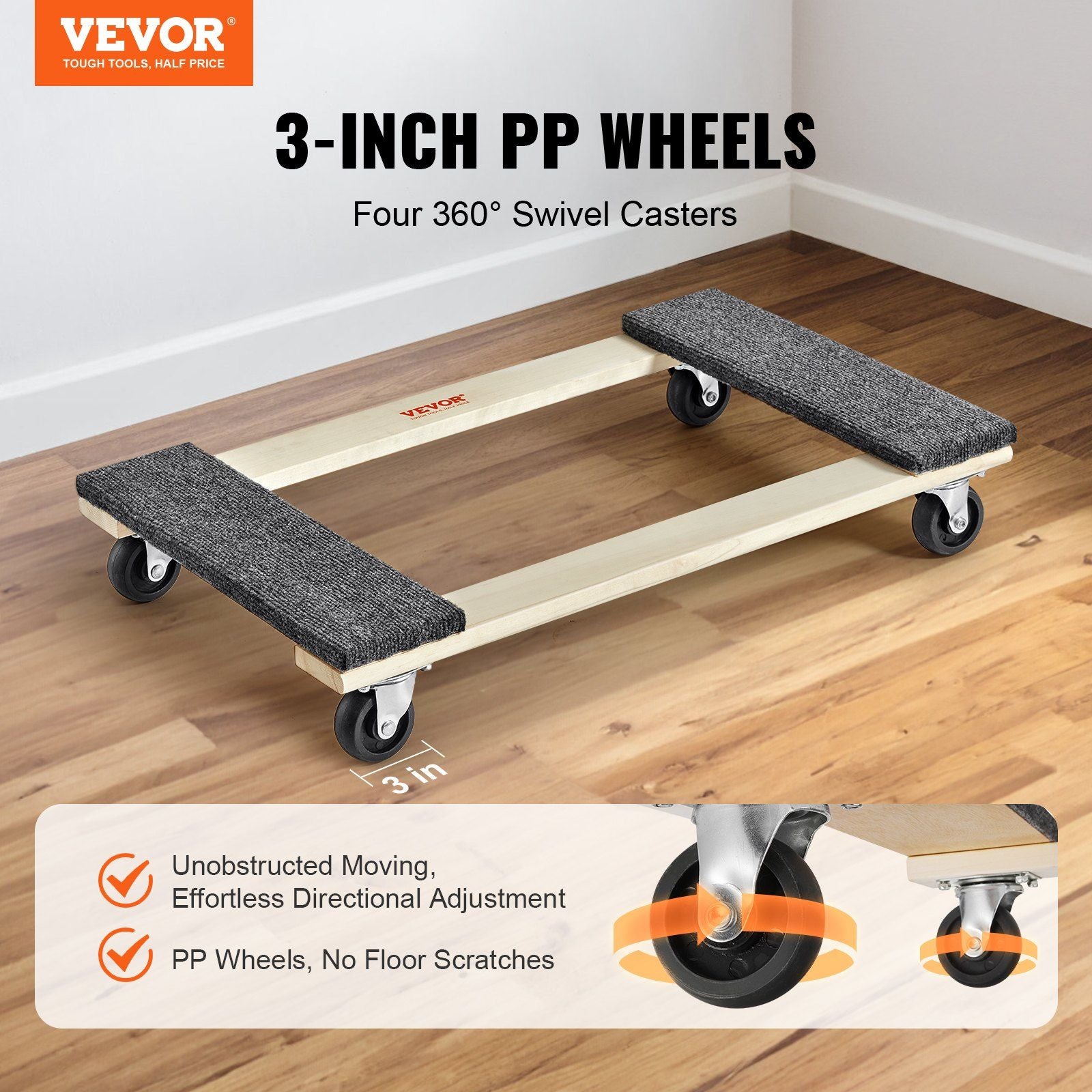 Furniture Dolly, 454kg Load Capacity, 457.2x762mm, 4x76mm PP Swivel Casters, Heavy Duty Hardwood Furniture V952-WGC1830INCHM3LUCCV0