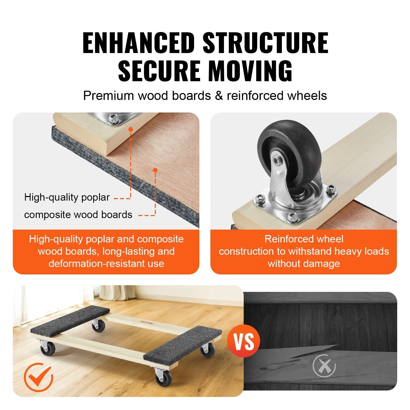 Furniture Dolly, 454kg Load Capacity, 457.2x762mm, 4x76mm PP Swivel Casters, Heavy Duty Hardwood Furniture V952-WGC1830INCHM3LUCCV0