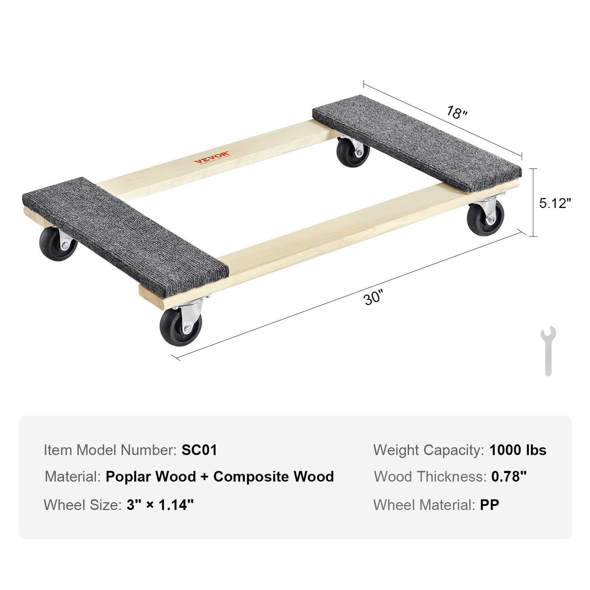 Furniture Dolly, 454kg Load Capacity, 457.2x762mm, 4x76mm PP Swivel Casters, Heavy Duty Hardwood Furniture V952-WGC1830INCHM3LUCCV0