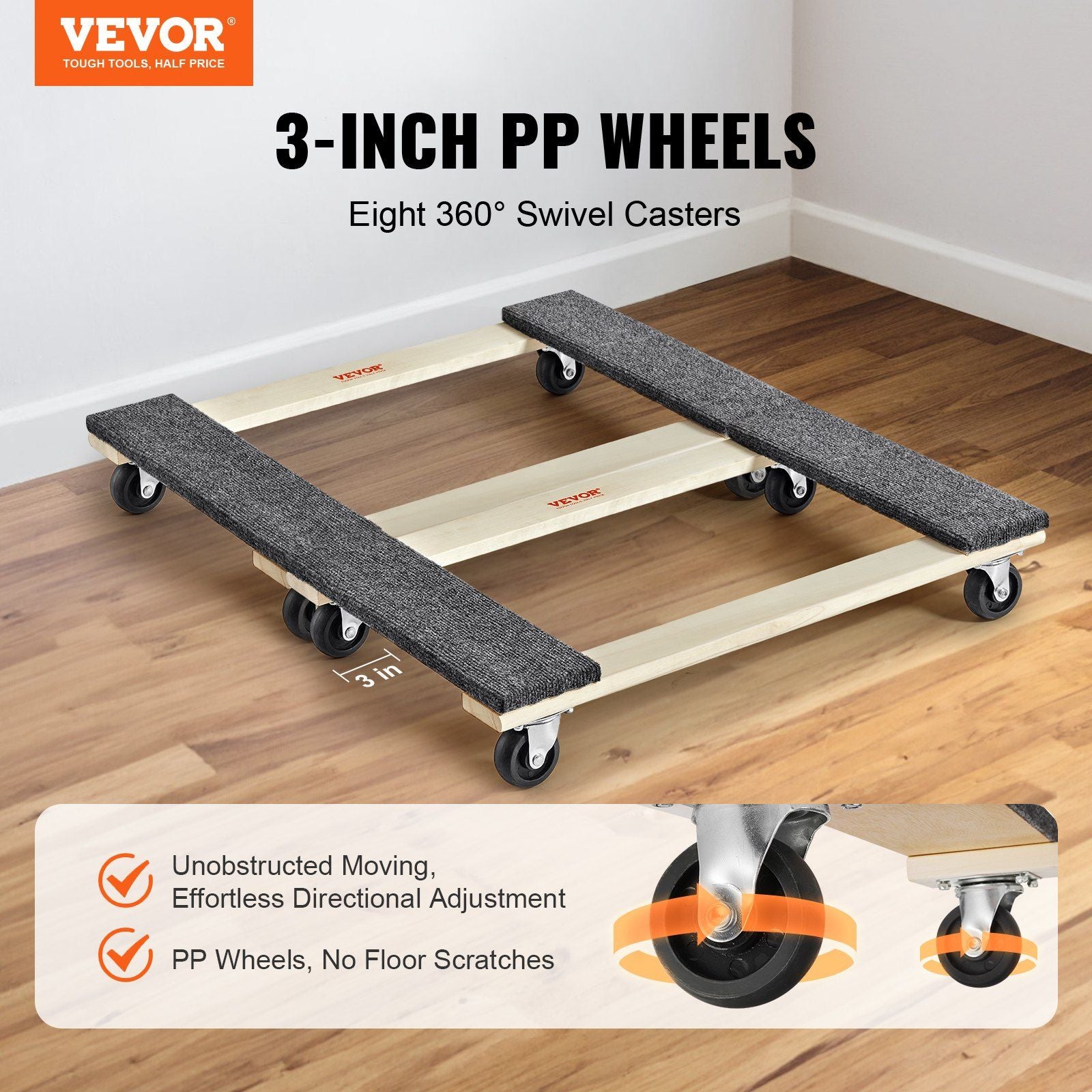 Furniture Dolly, 454kg Each Load Capacity, 2 Packs, 457.2x762mm, 8x76mm PP Swivel Casters, Heavy Duty V952-WGC1830INCHMZV40OV0
