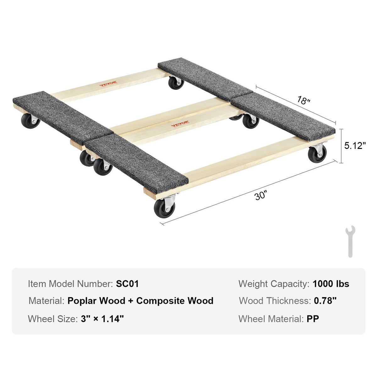 Furniture Dolly, 454kg Each Load Capacity, 2 Packs, 457.2x762mm, 8x76mm PP Swivel Casters, Heavy Duty V952-WGC1830INCHMZV40OV0