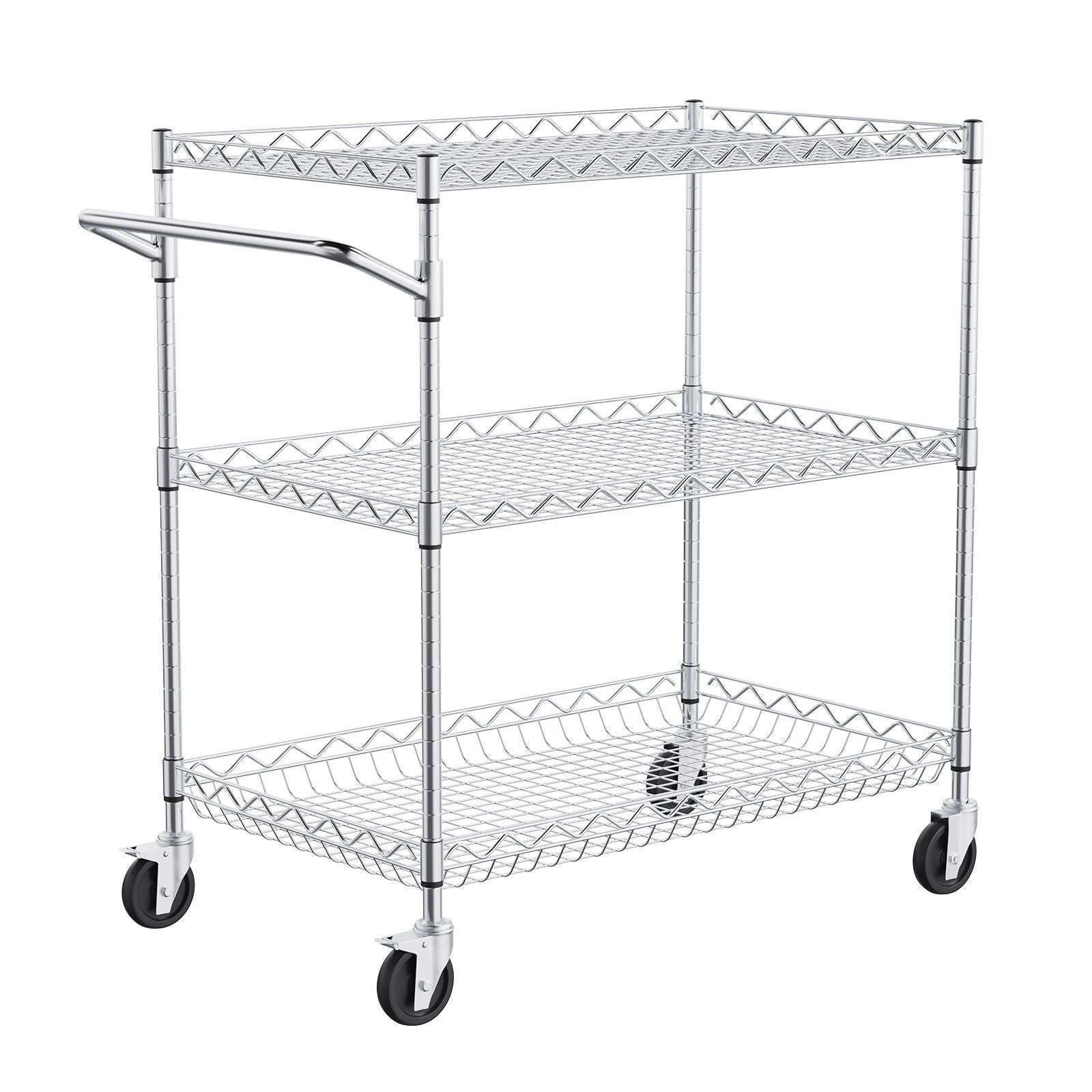 Kitchen Utility Cart, 3 Tiers, Wire Rolling Cart with 300kg Capacity, Steel Service Cart on Wheels, Metal V952-WGCFTCCB30X184GWTV0