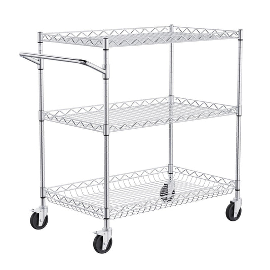 Kitchen Utility Cart, 3 Tiers, Wire Rolling Cart with 300kg Capacity, Steel Service Cart on Wheels, Metal V952-WGCFTCCB30X184GWTV0