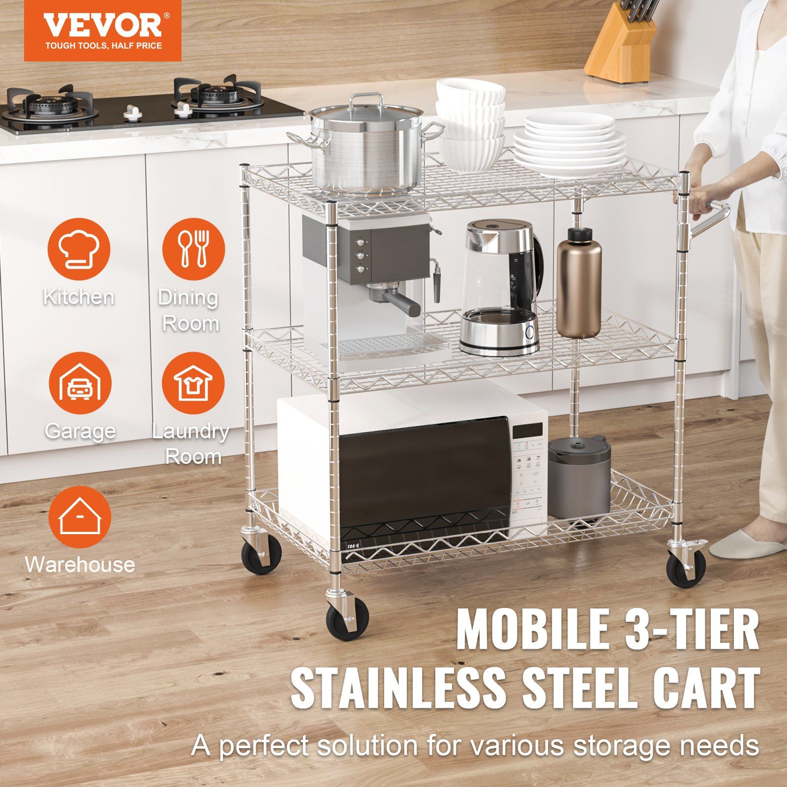 Kitchen Utility Cart, 3 Tiers, Wire Rolling Cart with 300kg Capacity, Steel Service Cart on Wheels, Metal V952-WGCFTCCB30X184GWTV0