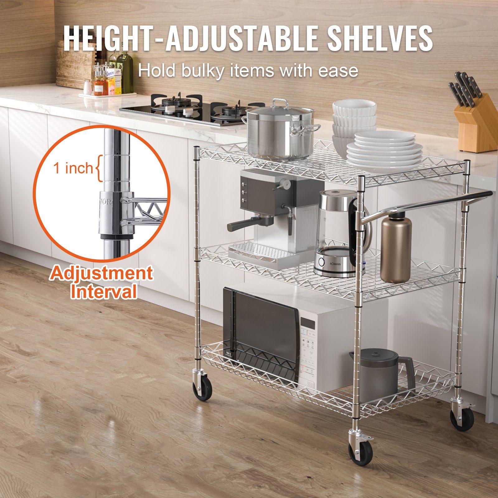 Kitchen Utility Cart, 3 Tiers, Wire Rolling Cart with 300kg Capacity, Steel Service Cart on Wheels, Metal V952-WGCFTCCB30X184GWTV0