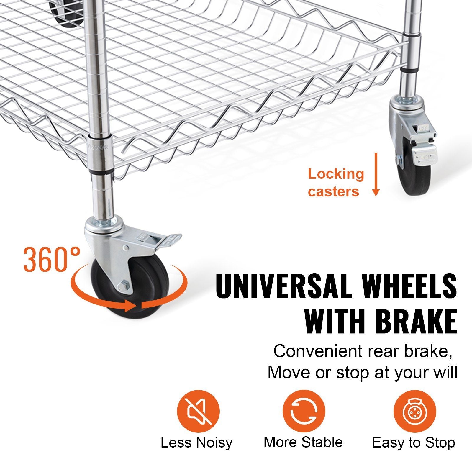 Kitchen Utility Cart, 3 Tiers, Wire Rolling Cart with 300kg Capacity, Steel Service Cart on Wheels, Metal V952-WGCFTCCB30X184GWTV0