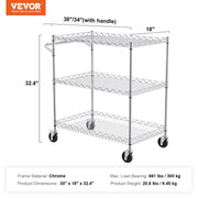 Kitchen Utility Cart, 3 Tiers, Wire Rolling Cart with 300kg Capacity, Steel Service Cart on Wheels, Metal V952-WGCFTCCB30X184GWTV0