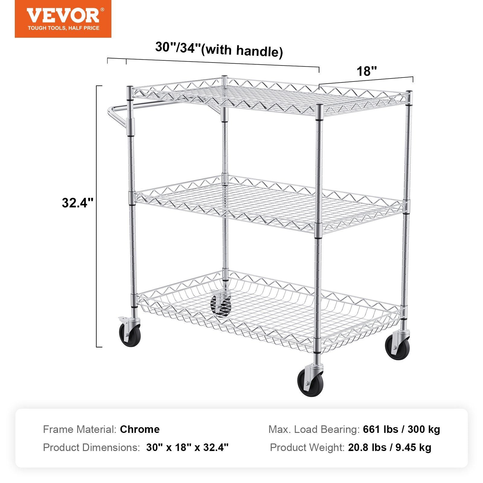 Kitchen Utility Cart, 3 Tiers, Wire Rolling Cart with 300kg Capacity, Steel Service Cart on Wheels, Metal V952-WGCFTCCB30X184GWTV0