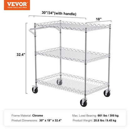 Kitchen Utility Cart, 3 Tiers, Wire Rolling Cart with 300kg Capacity, Steel Service Cart on Wheels, Metal V952-WGCFTCCB30X184GWTV0