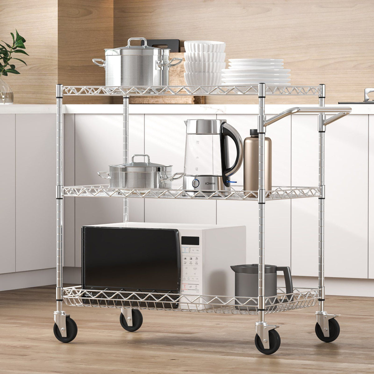 Kitchen Utility Cart, 3 Tiers, Wire Rolling Cart with 300kg Capacity, Steel Service Cart on Wheels, Metal V952-WGCFTCCB30X184GWTV0