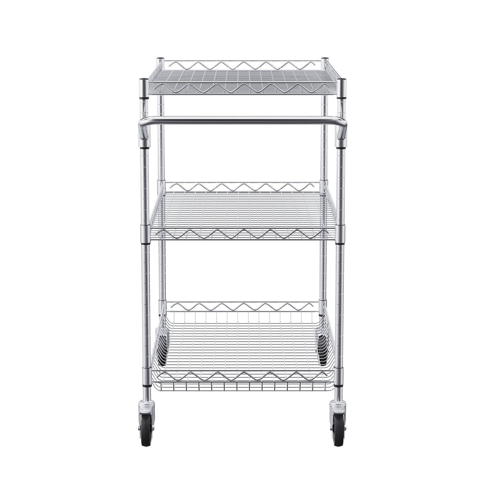 Kitchen Utility Cart, 3 Tiers, Wire Rolling Cart with 300kg Capacity, Steel Service Cart on Wheels, Metal V952-WGCFTCCB30X184GWTV0