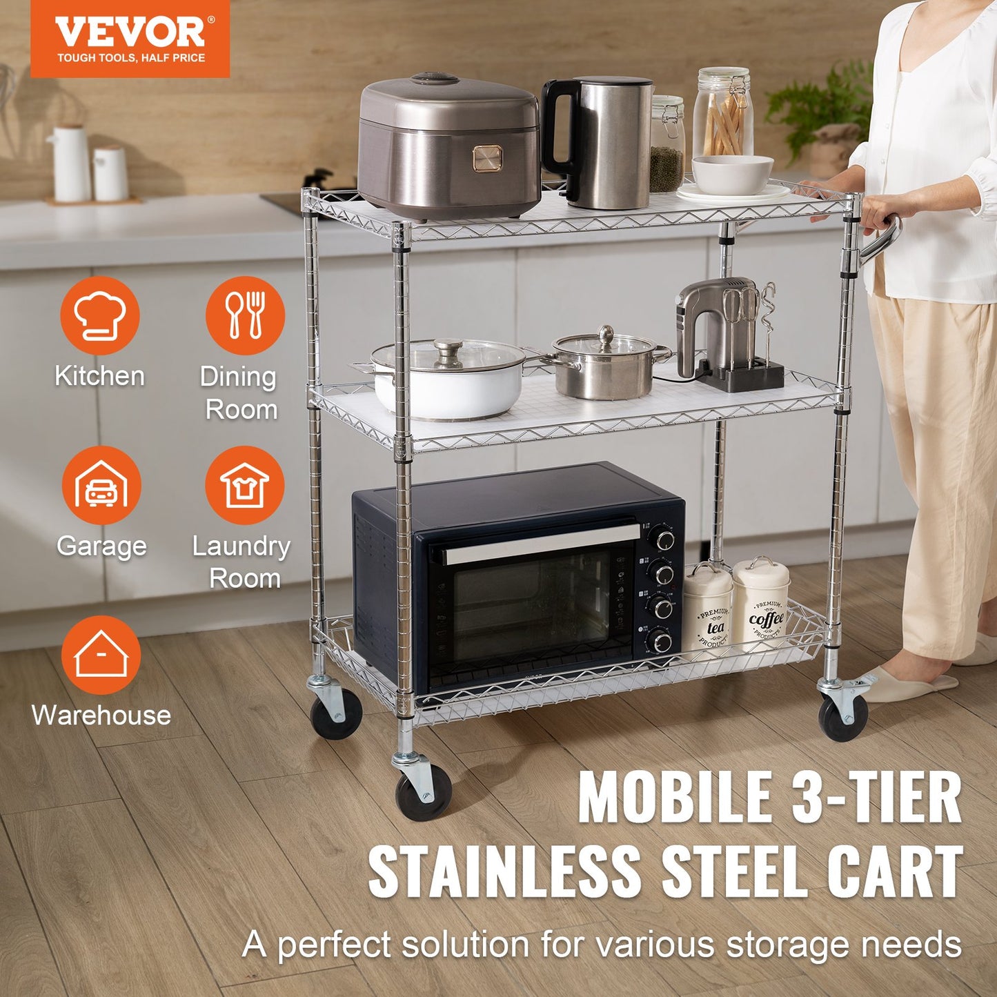 Kitchen Utility Cart, 3 Tiers, Wire Rolling Cart, Steel Service Cart on Wheels, Metal Storage Trolley with V952-WGCFTCCB350X1RH9BV0