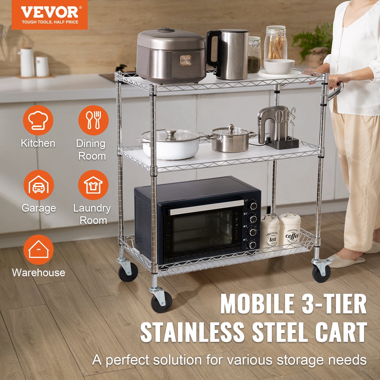 Kitchen Utility Cart, 3 Tiers, Wire Rolling Cart, Steel Service Cart on Wheels, Metal Storage Trolley with V952-WGCFTCCB350X1RH9BV0