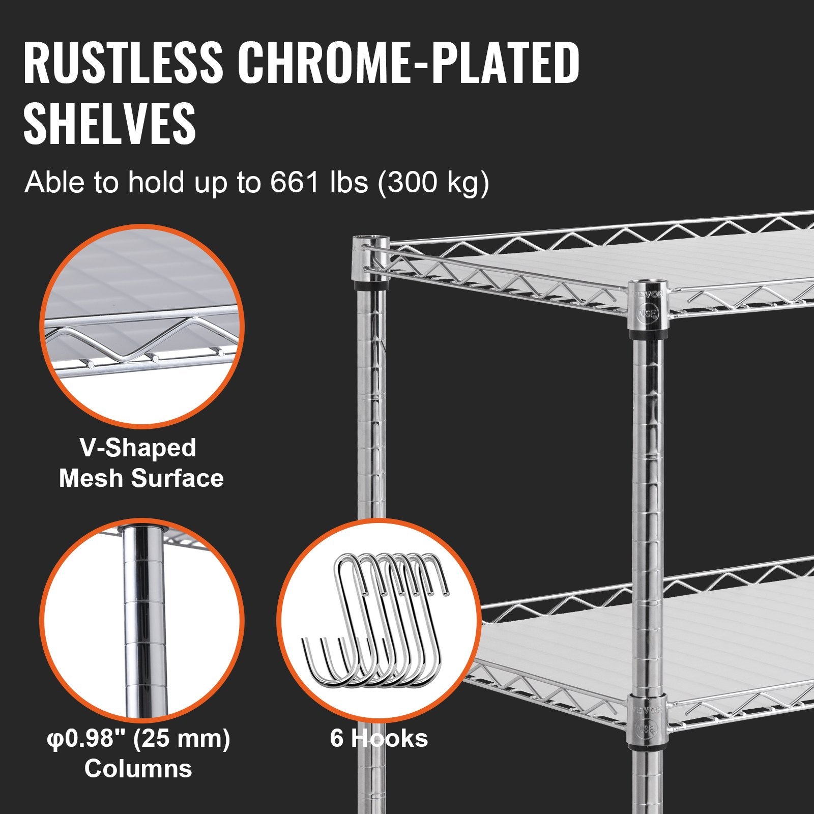 Kitchen Utility Cart, 3 Tiers, Wire Rolling Cart, Steel Service Cart on Wheels, Metal Storage Trolley with V952-WGCFTCCB350X1RH9BV0