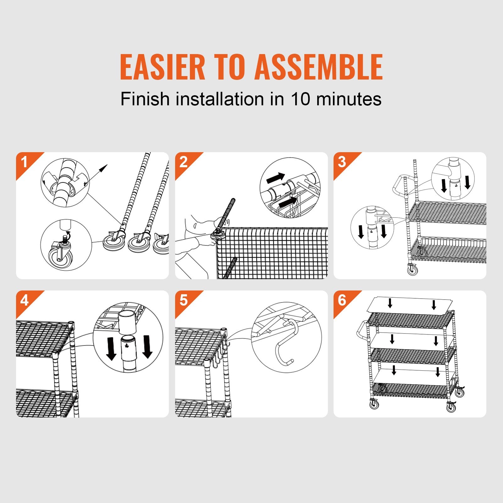 Kitchen Utility Cart, 3 Tiers, Wire Rolling Cart, Steel Service Cart on Wheels, Metal Storage Trolley with V952-WGCFTCCB350X1RH9BV0