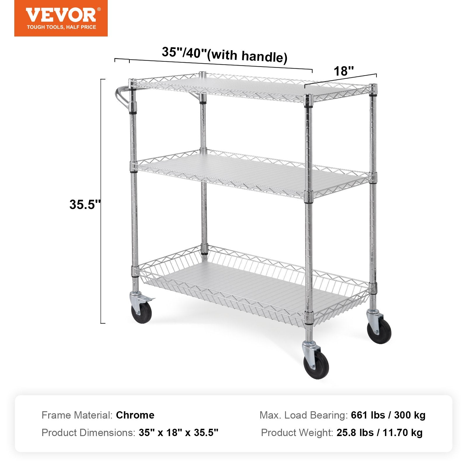Kitchen Utility Cart, 3 Tiers, Wire Rolling Cart, Steel Service Cart on Wheels, Metal Storage Trolley with V952-WGCFTCCB350X1RH9BV0