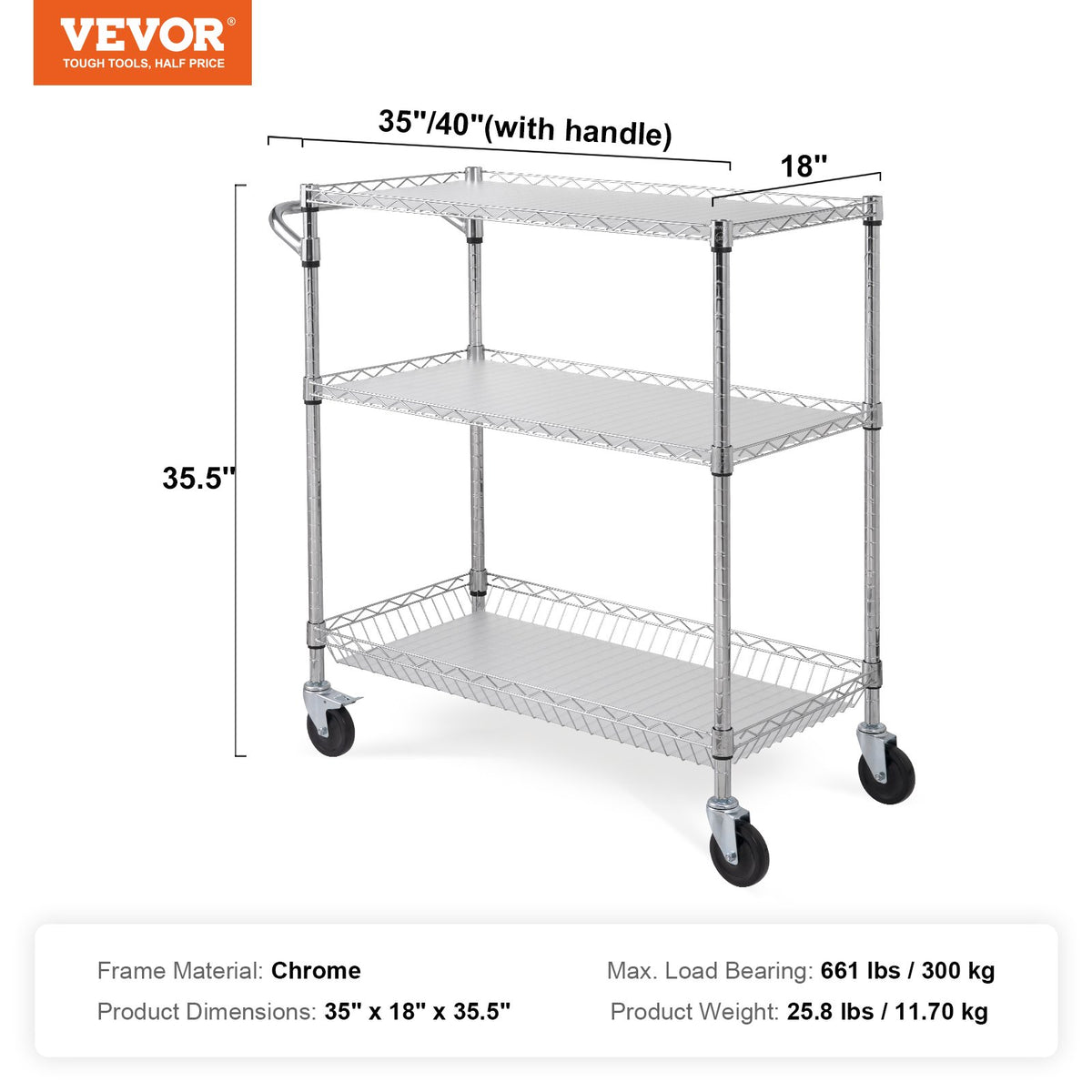 Kitchen Utility Cart, 3 Tiers, Wire Rolling Cart, Steel Service Cart on Wheels, Metal Storage Trolley with V952-WGCFTCCB350X1RH9BV0
