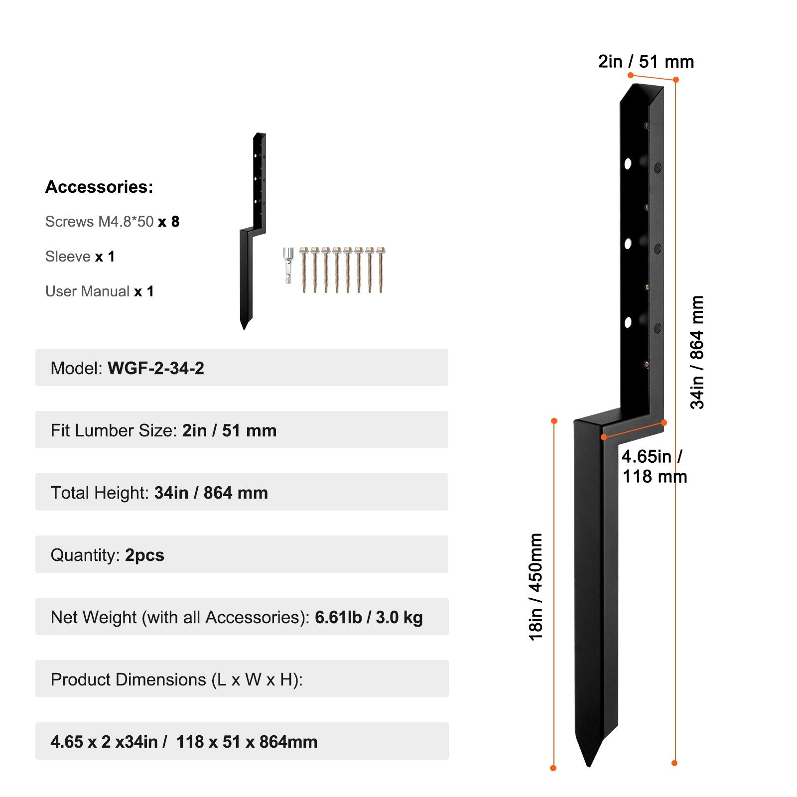 Fence Post Anchor Repair Kit, 2 Pack Inner Diameter 5 x5 cm Heavy Duty Steel Fence Post Support Stakes, V952-WGFBGXDD2YC35JCA8V0