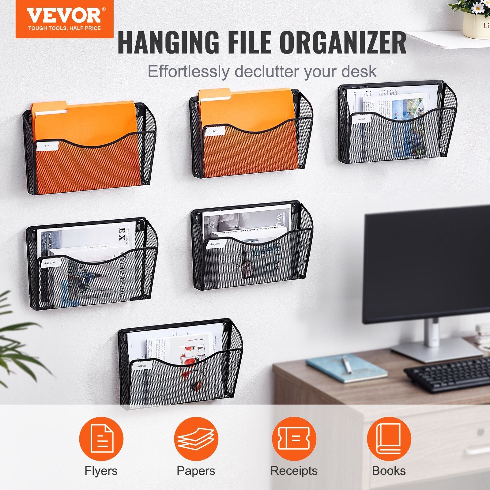 File Wall Rack, Six-Piece 1 Pocket Mesh Wall File Holder, Wall Mounted Magazine Mail Paper & Document Storage V952-WJBGJHSWJSWS3167AV0