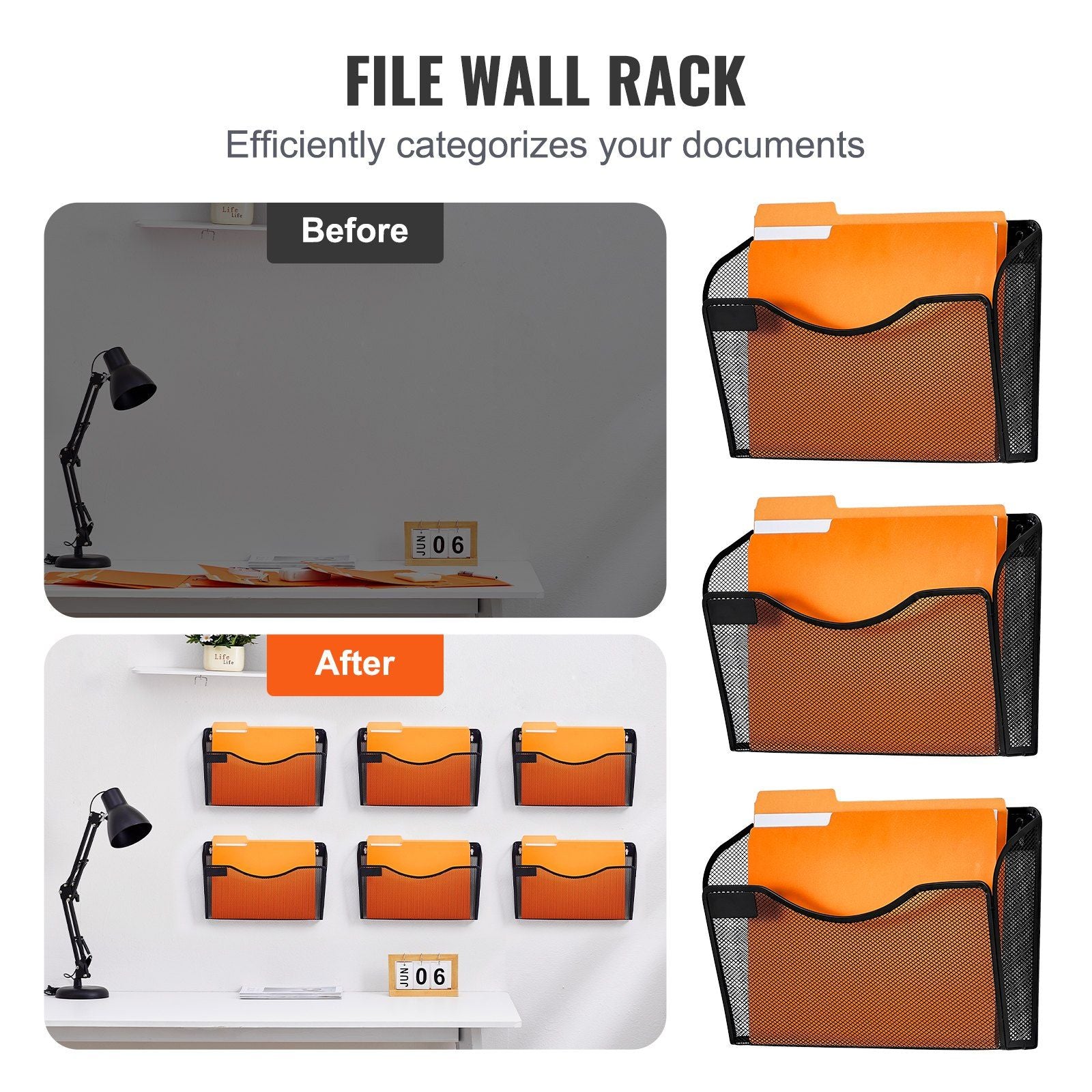 File Wall Rack, Six-Piece 1 Pocket Mesh Wall File Holder, Wall Mounted Magazine Mail Paper & Document Storage V952-WJBGJHSWJSWS3167AV0