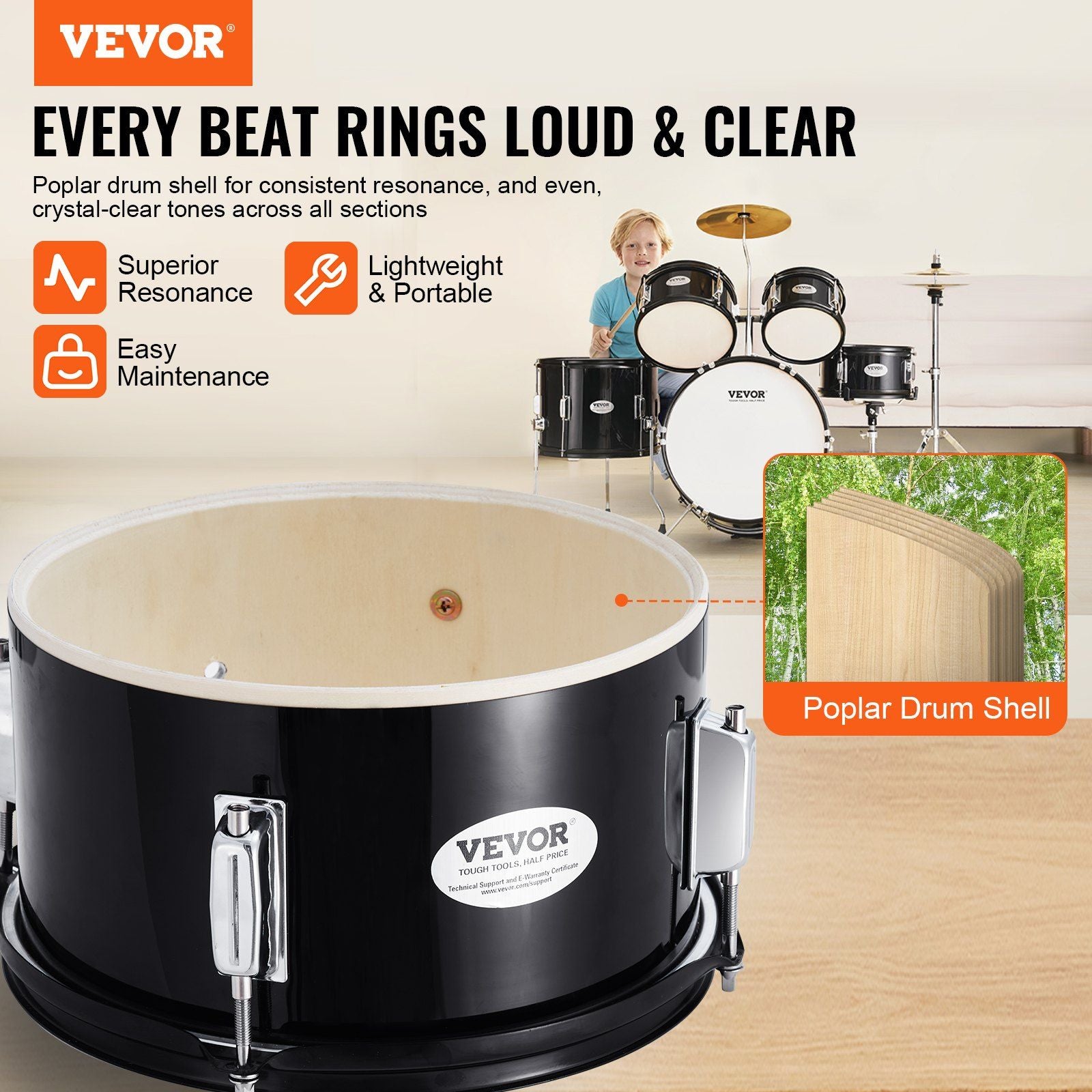 Kids Drum Set, 5-Piece, 406.4 mm Beginner Full Drum Set with Bass Toms Snare Floor Drum Adjustable Throne V952-WJTJZG5JT16HCA94HV0
