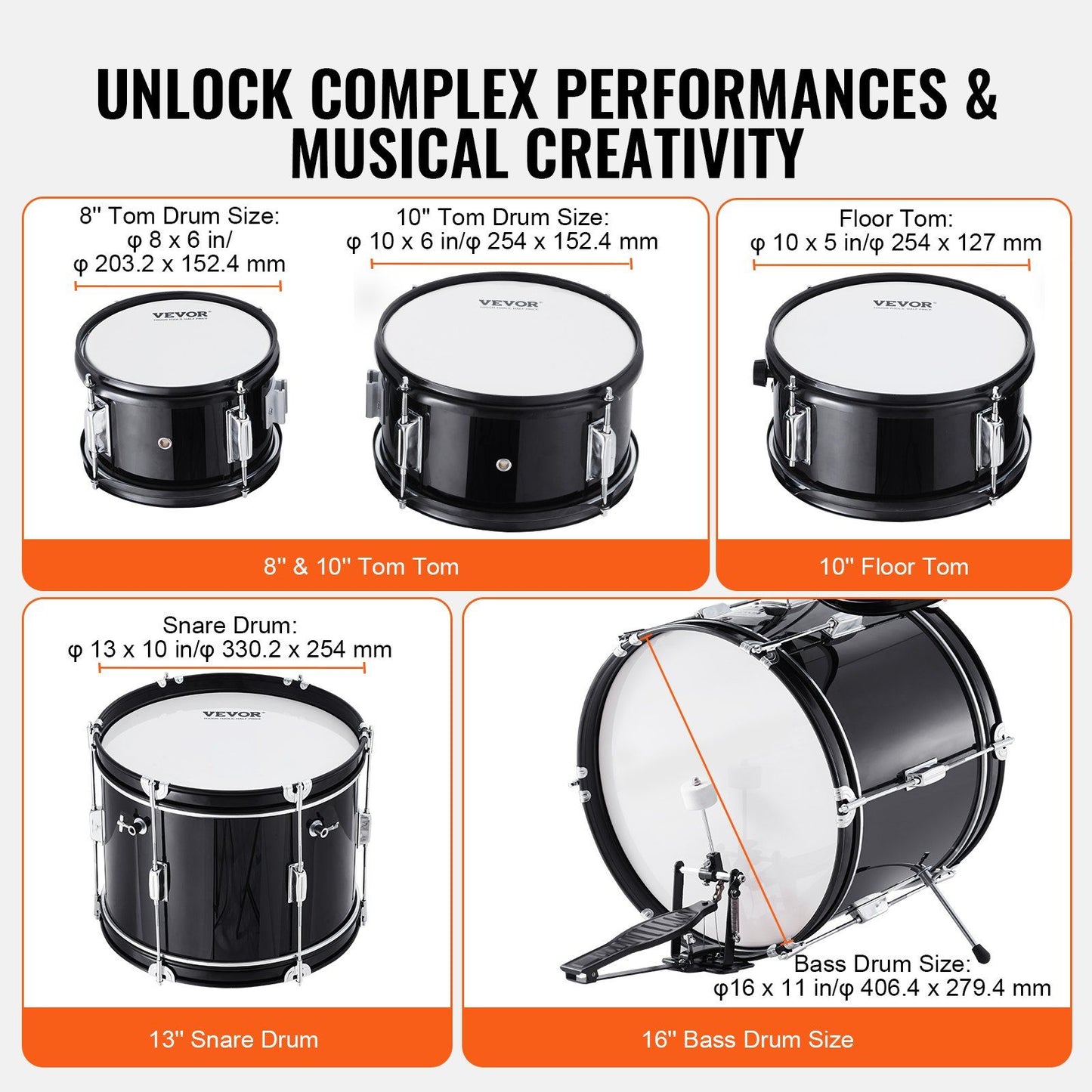 Kids Drum Set, 5-Piece, 406.4 mm Beginner Full Drum Set with Bass Toms Snare Floor Drum Adjustable Throne V952-WJTJZG5JT16HCA94HV0