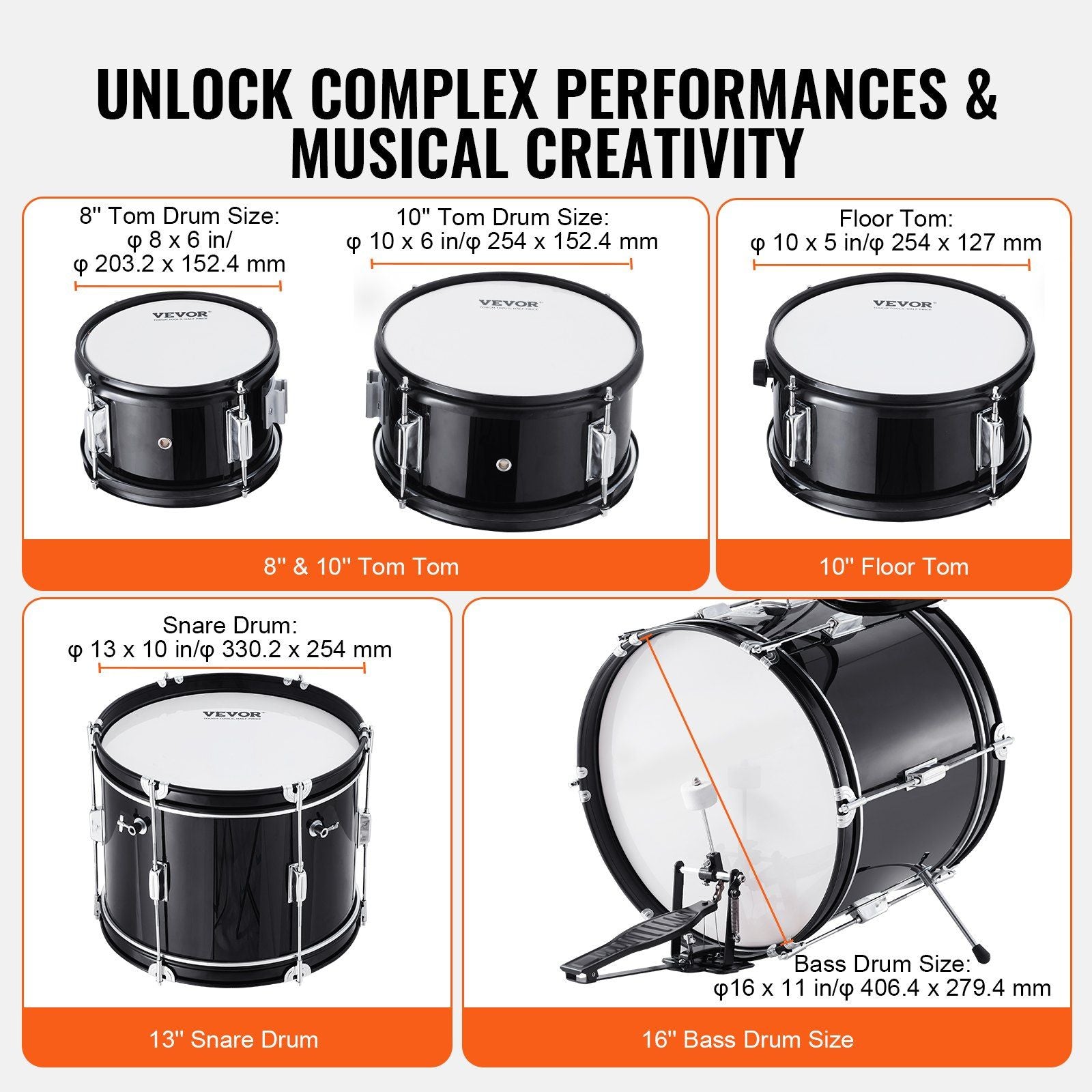 Kids Drum Set, 5-Piece, 406.4 mm Beginner Full Drum Set with Bass Toms Snare Floor Drum Adjustable Throne V952-WJTJZG5JT16HCA94HV0