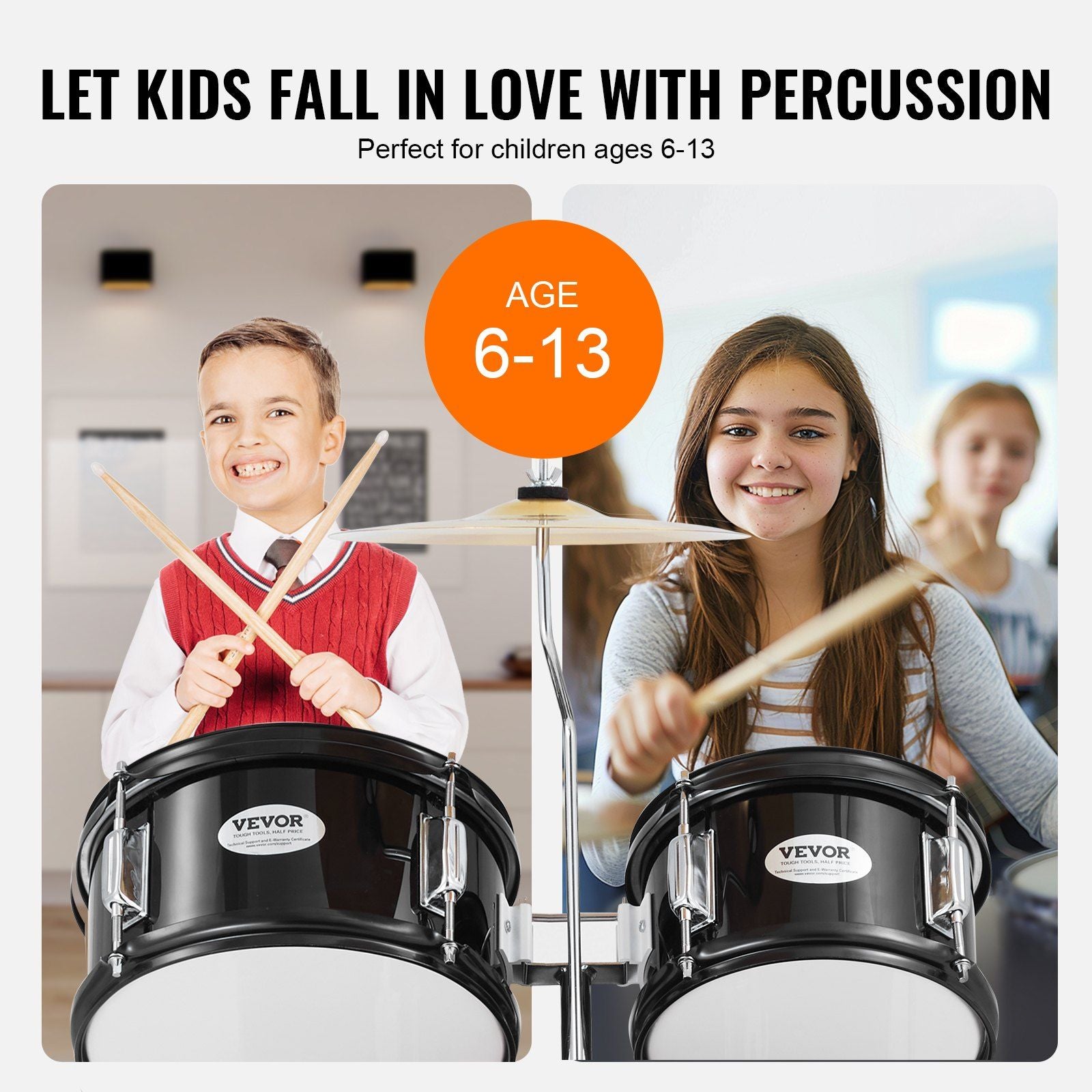 Kids Drum Set, 5-Piece, 406.4 mm Beginner Full Drum Set with Bass Toms Snare Floor Drum Adjustable Throne V952-WJTJZG5JT16HCA94HV0