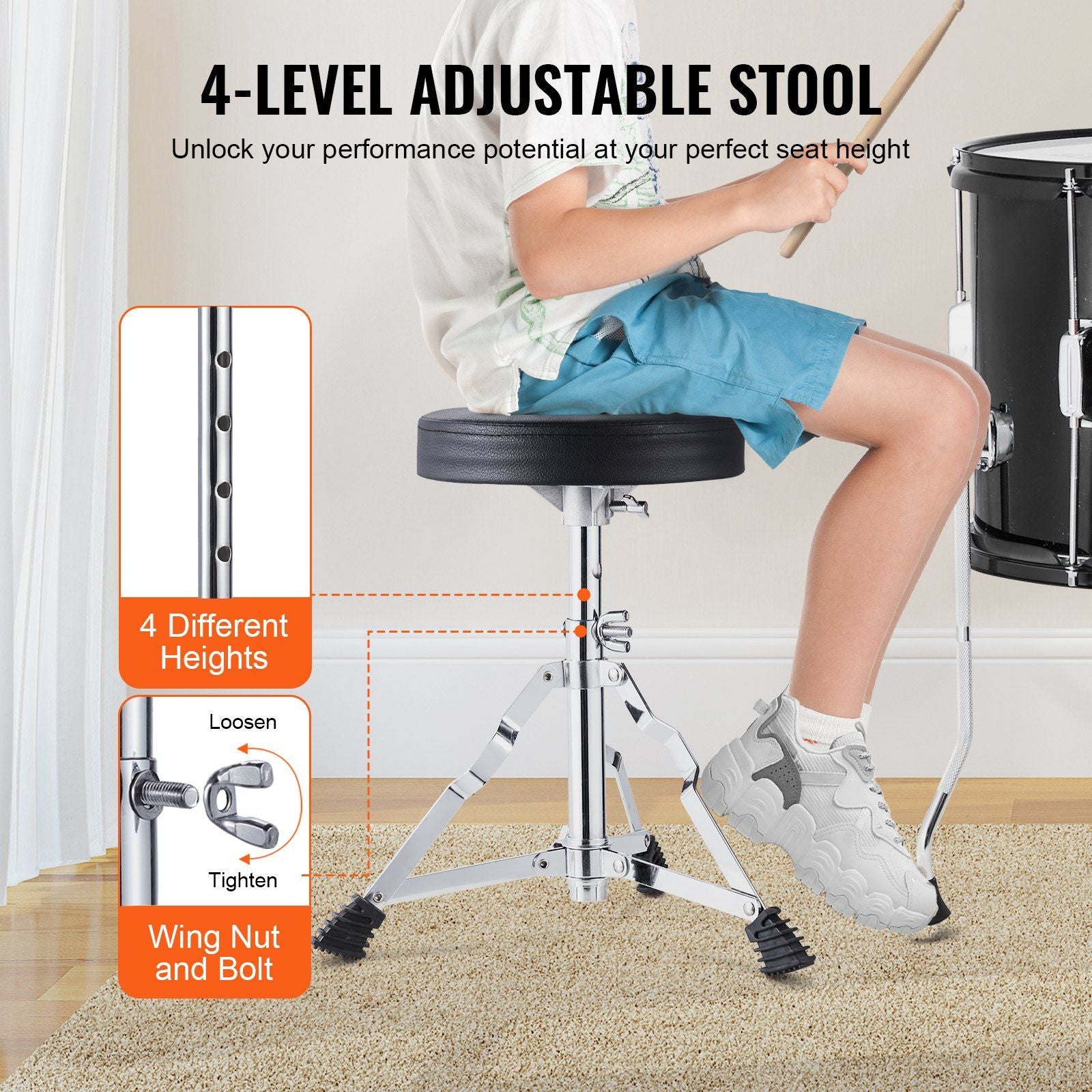 Kids Drum Set, 5-Piece, 406.4 mm Beginner Full Drum Set with Bass Toms Snare Floor Drum Adjustable Throne V952-WJTJZG5JT16HCA94HV0