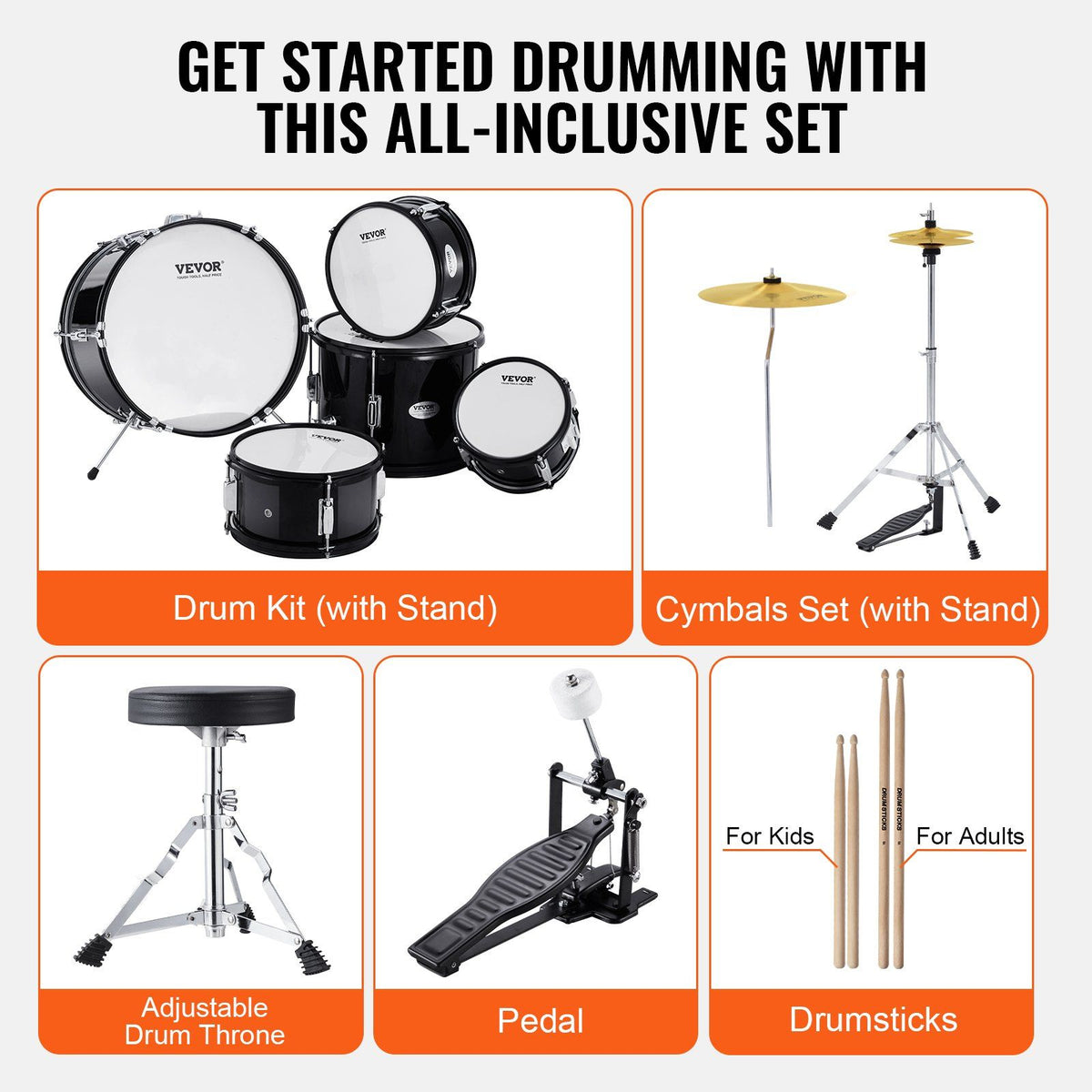 Kids Drum Set, 5-Piece, 406.4 mm Beginner Full Drum Set with Bass Toms Snare Floor Drum Adjustable Throne V952-WJTJZG5JT16HCA94HV0