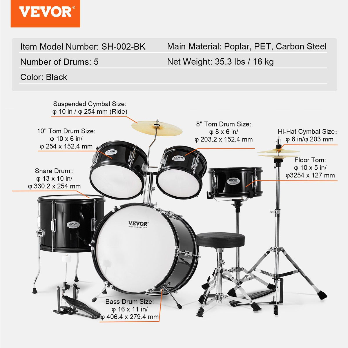 Kids Drum Set, 5-Piece, 406.4 mm Beginner Full Drum Set with Bass Toms Snare Floor Drum Adjustable Throne V952-WJTJZG5JT16HCA94HV0
