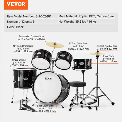 Kids Drum Set, 5-Piece, 406.4 mm Beginner Full Drum Set with Bass Toms Snare Floor Drum Adjustable Throne V952-WJTJZG5JT16HCA94HV0