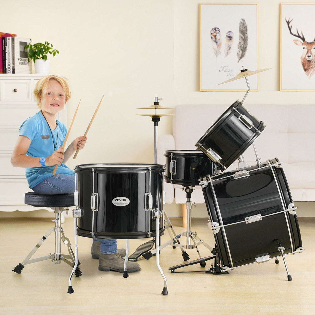 Kids Drum Set, 5-Piece, 406.4 mm Beginner Full Drum Set with Bass Toms Snare Floor Drum Adjustable Throne V952-WJTJZG5JT16HCA94HV0