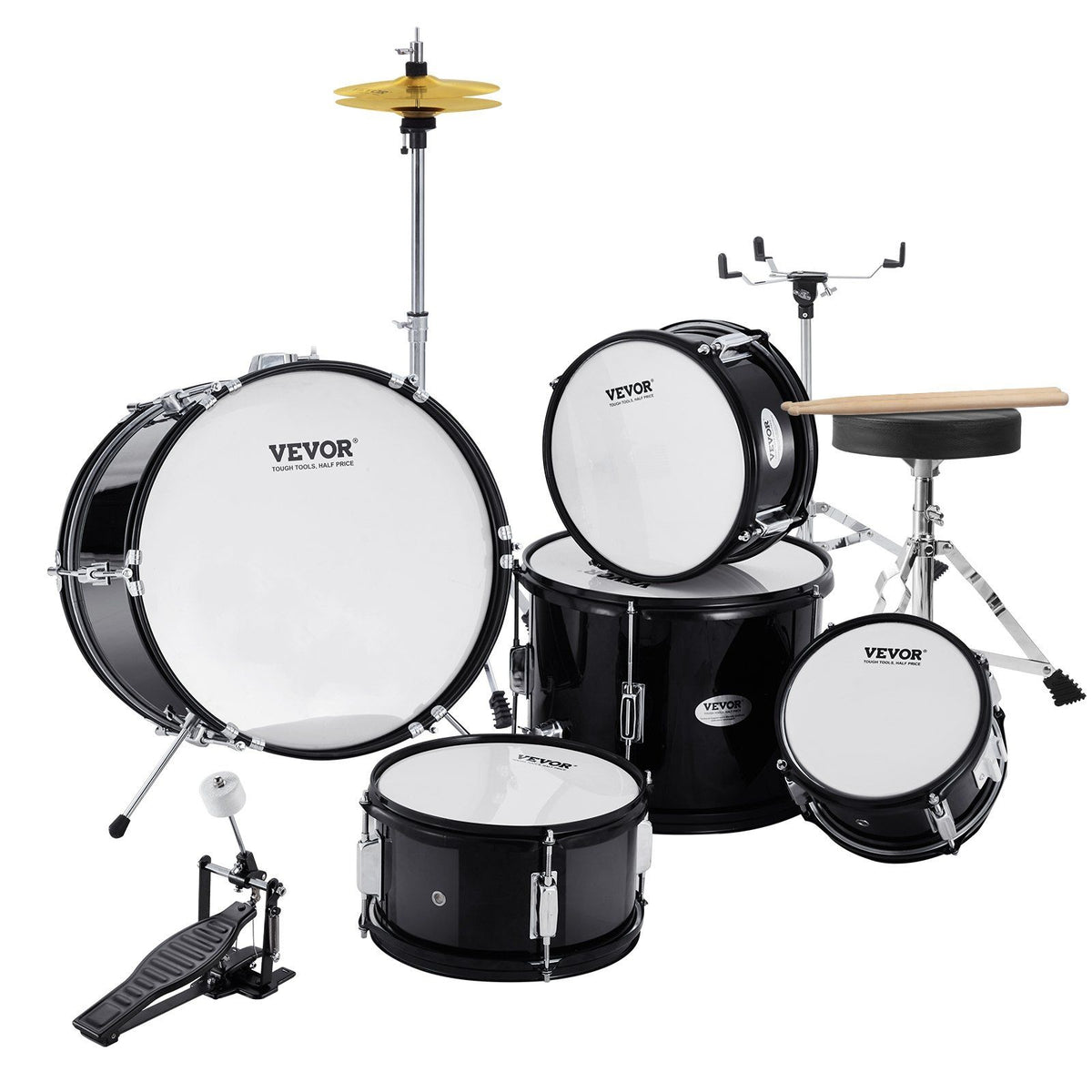 Kids Drum Set, 5-Piece, 406.4 mm Beginner Full Drum Set with Bass Toms Snare Floor Drum Adjustable Throne V952-WJTJZG5JT16HCA94HV0