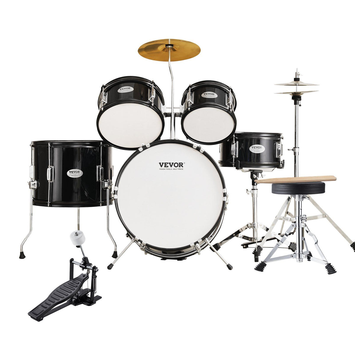 Kids Drum Set, 5-Piece, 406.4 mm Beginner Full Drum Set with Bass Toms Snare Floor Drum Adjustable Throne V952-WJTJZG5JT16HCA94HV0