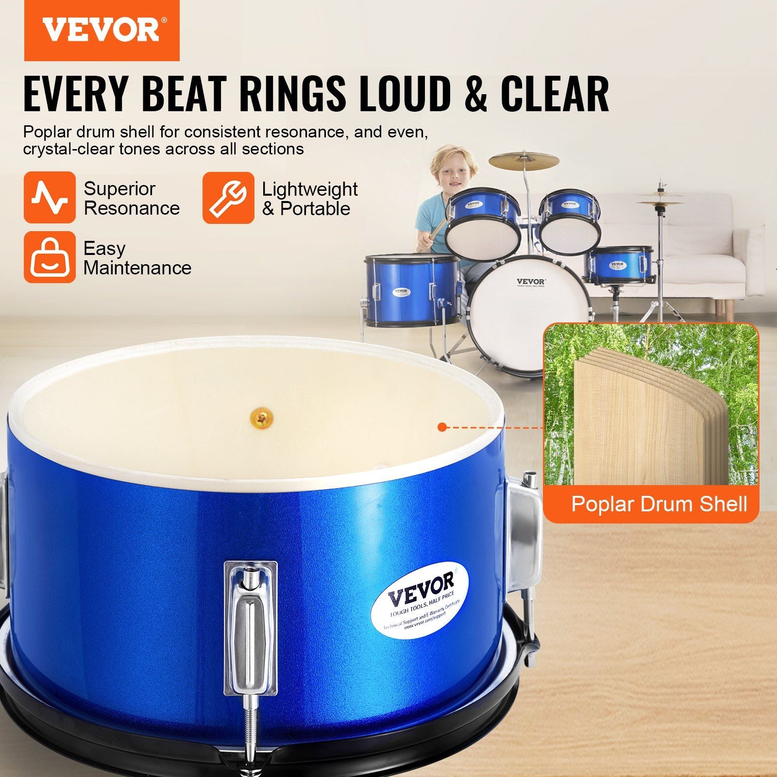 Kids Drum Set, 5-Piece, 406.4 mm Beginner Full Drum Set with Bass Toms Snare Floor Drum Adjustable Throne V952-WJTJZG5JT16LU8B1VV0