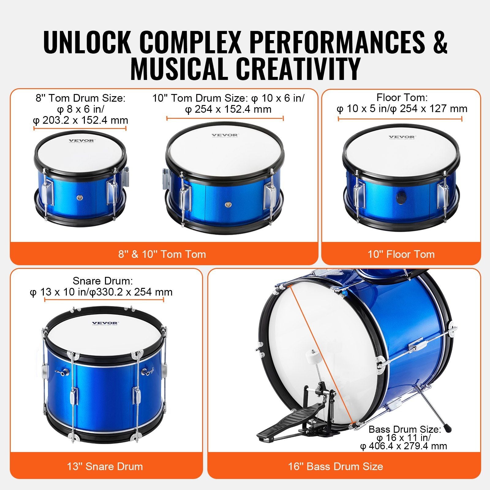 Kids Drum Set, 5-Piece, 406.4 mm Beginner Full Drum Set with Bass Toms Snare Floor Drum Adjustable Throne V952-WJTJZG5JT16LU8B1VV0