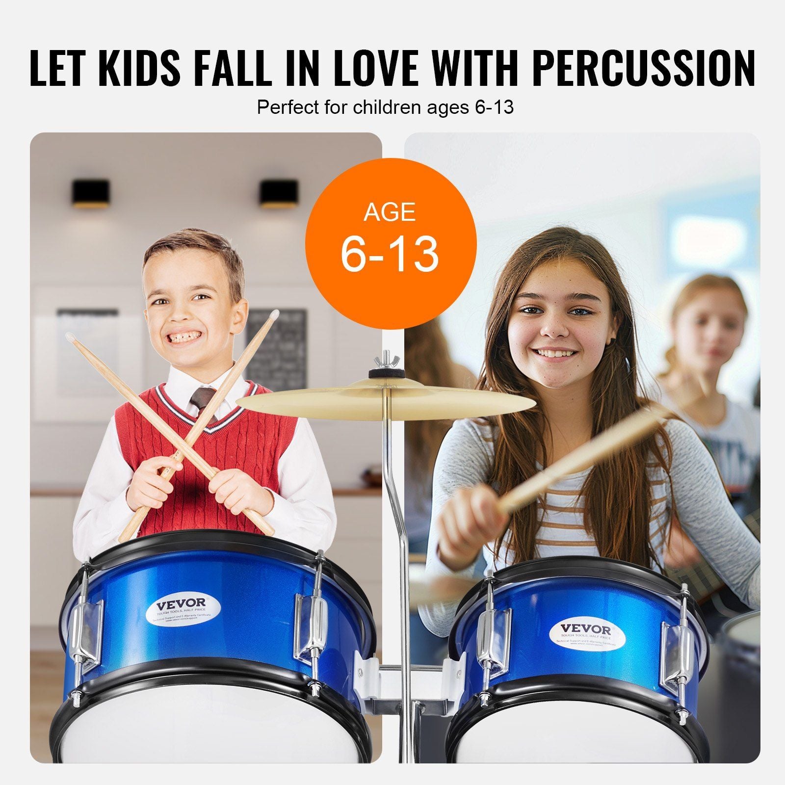 Kids Drum Set, 5-Piece, 406.4 mm Beginner Full Drum Set with Bass Toms Snare Floor Drum Adjustable Throne V952-WJTJZG5JT16LU8B1VV0