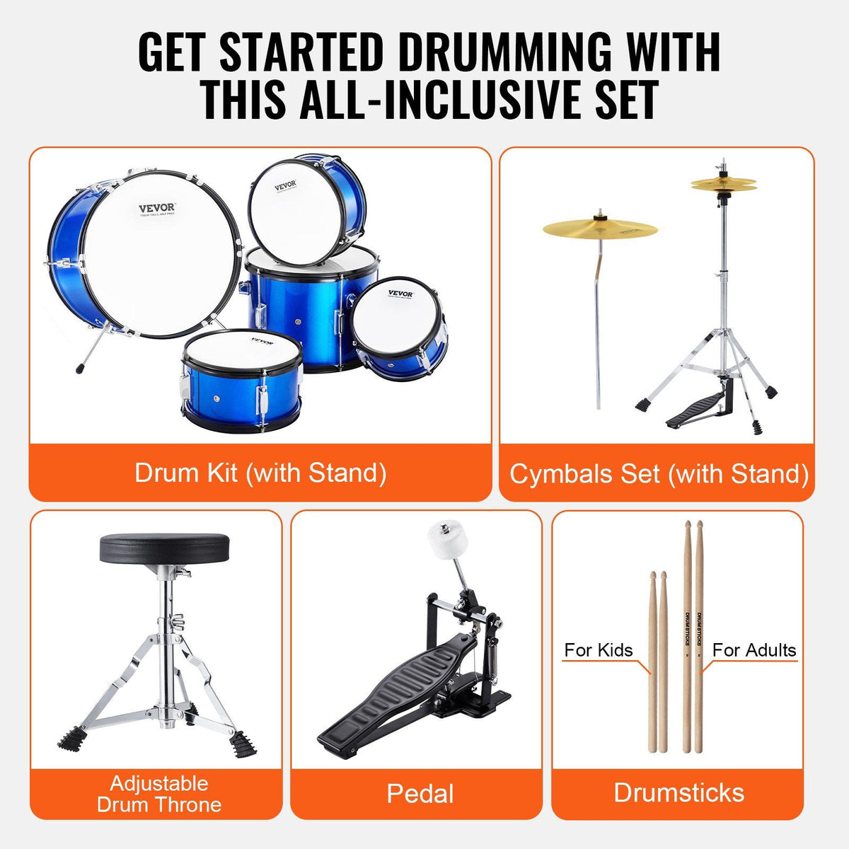 Kids Drum Set, 5-Piece, 406.4 mm Beginner Full Drum Set with Bass Toms Snare Floor Drum Adjustable Throne V952-WJTJZG5JT16LU8B1VV0