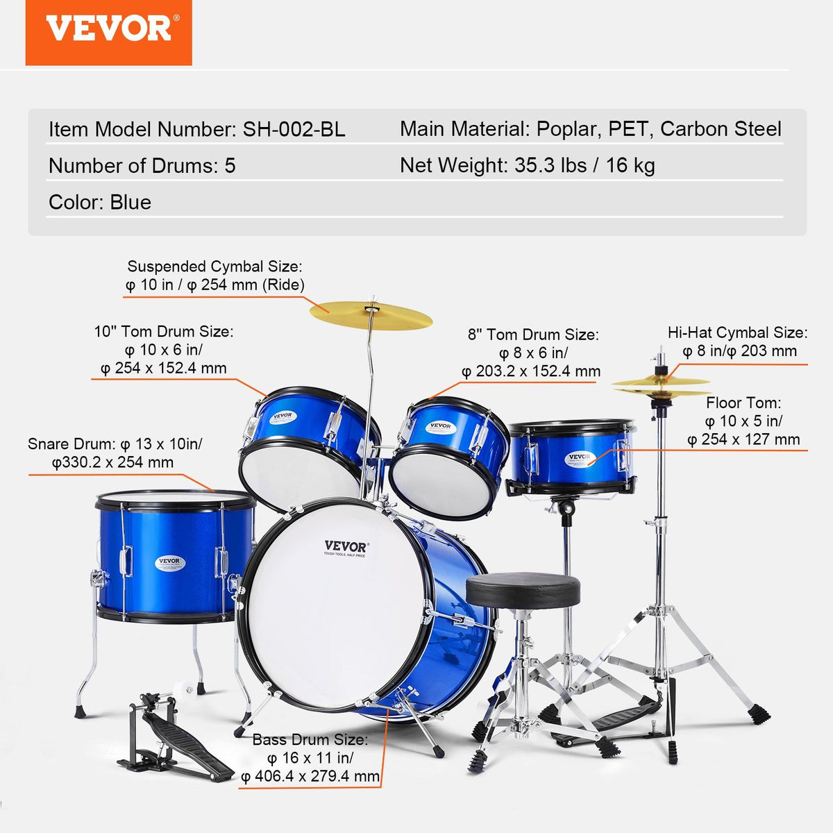 Kids Drum Set, 5-Piece, 406.4 mm Beginner Full Drum Set with Bass Toms Snare Floor Drum Adjustable Throne V952-WJTJZG5JT16LU8B1VV0