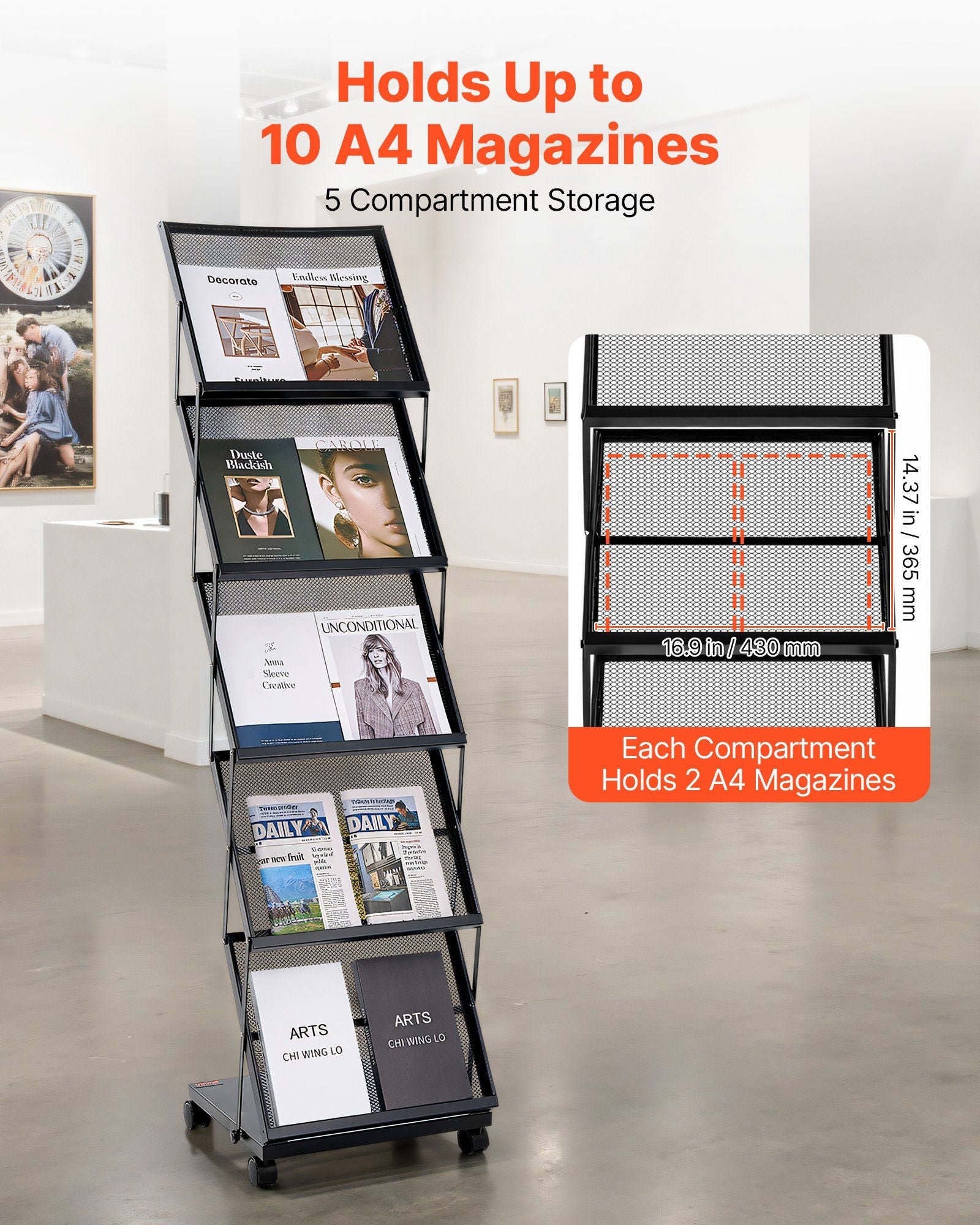 Brochure Display Rack, Foldable 5 Pockets Magazine Literature Display Stand, Movable Floor Standing Magazine V952-WJZSXLDSDZJLCN4PI001V0
