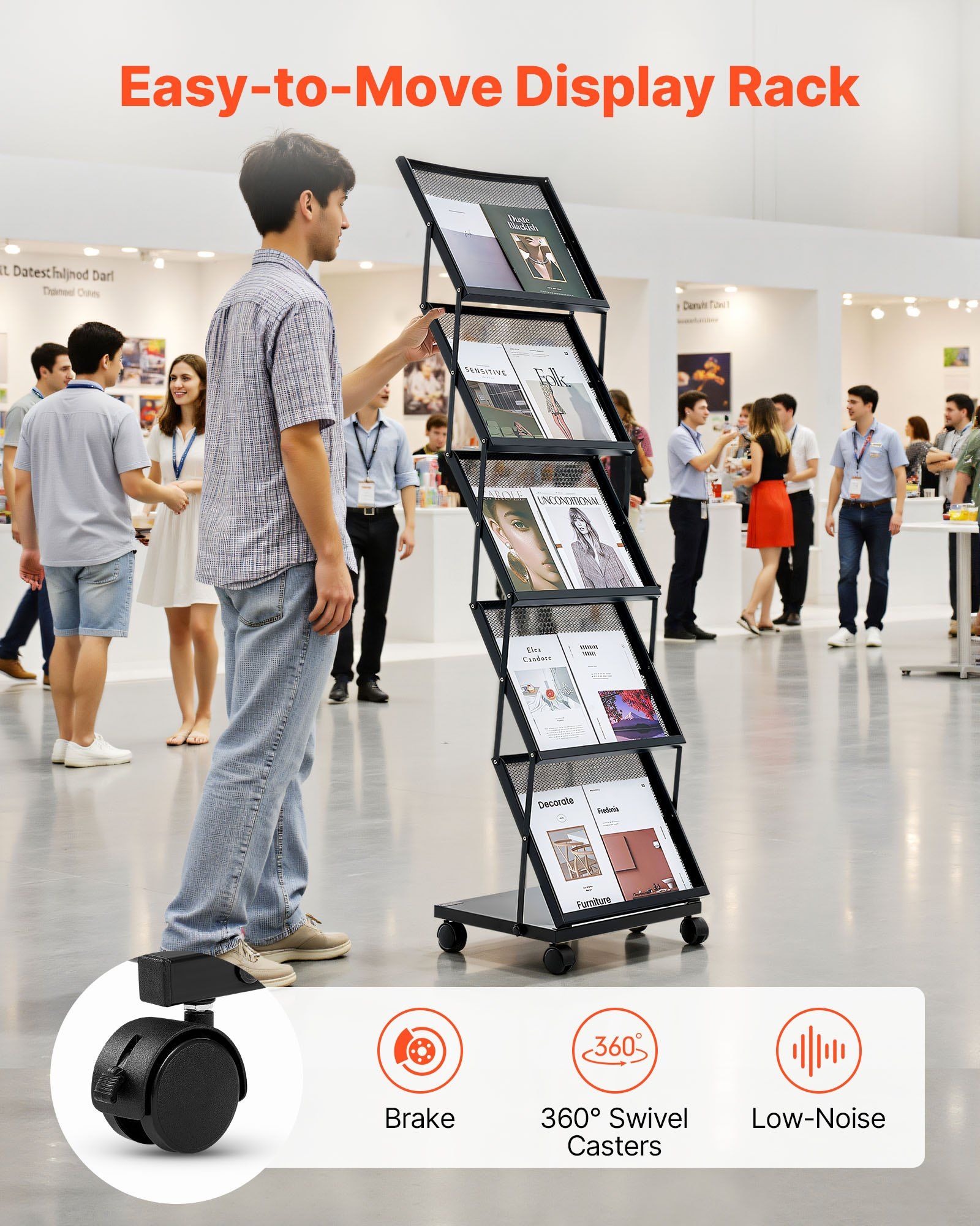 Brochure Display Rack, Foldable 5 Pockets Magazine Literature Display Stand, Movable Floor Standing Magazine V952-WJZSXLDSDZJLCN4PI001V0