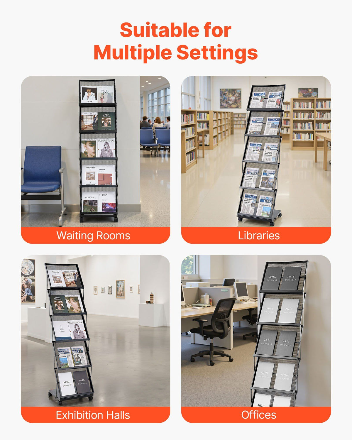 Brochure Display Rack, Foldable 5 Pockets Magazine Literature Display Stand, Movable Floor Standing Magazine V952-WJZSXLDSDZJLCN4PI001V0
