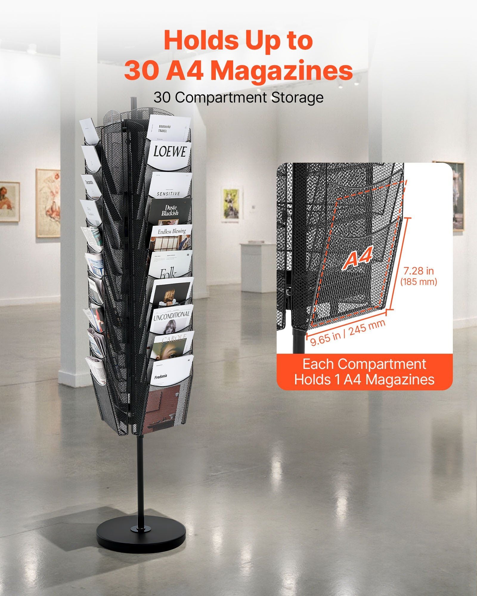 Rotating Brochure Display Rack, 30 Pockets Mesh Magazine Literature Display Stand, Portable Floor Standing V952-WJZSXLDSDZS3117YE001V0