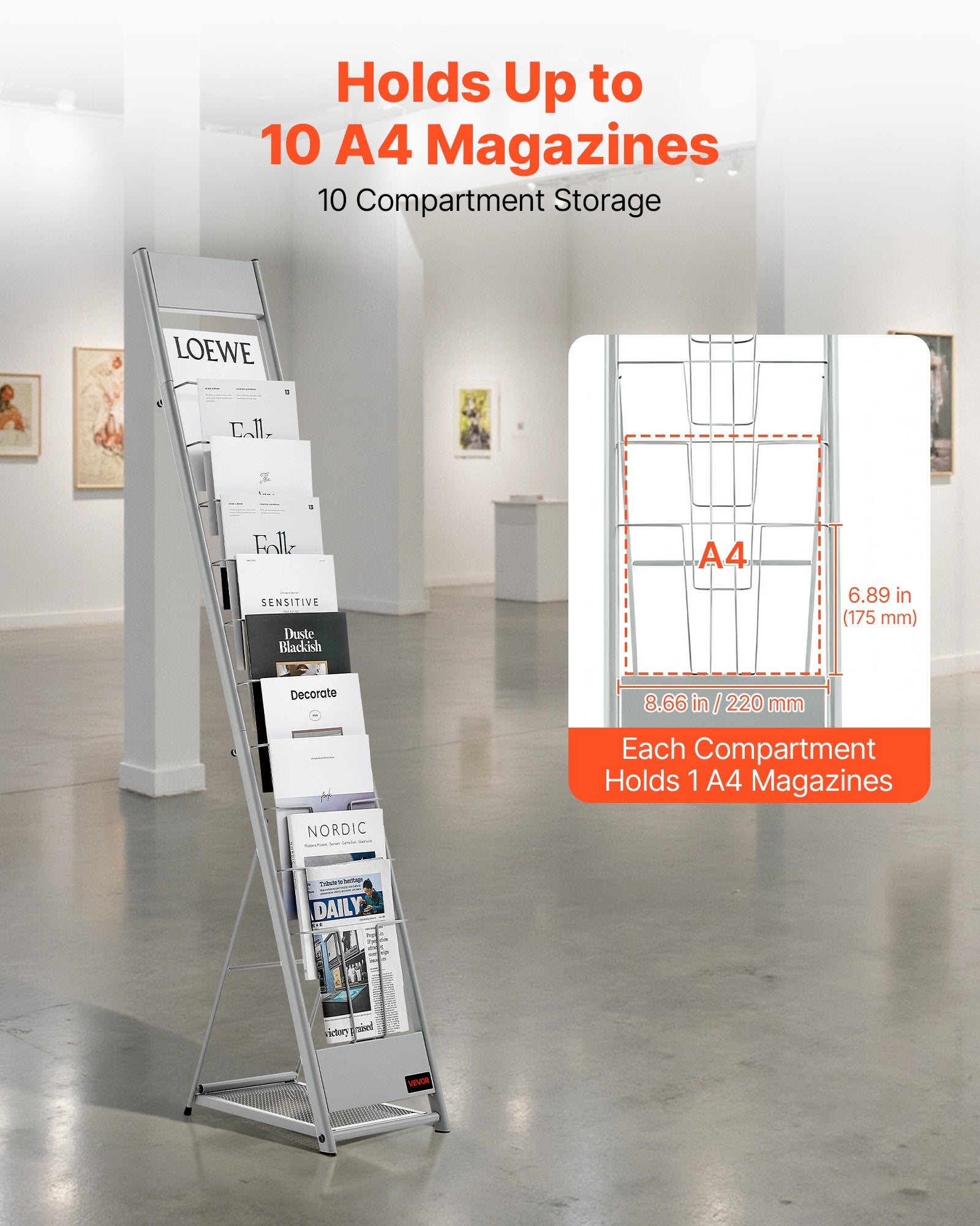Brochure Display Rack, 10 Pockets Magazine Literature Display Stand, Portable Floor Standing Magazine Rack, V952-WJZSXLDSDZS4EKNWY001V0