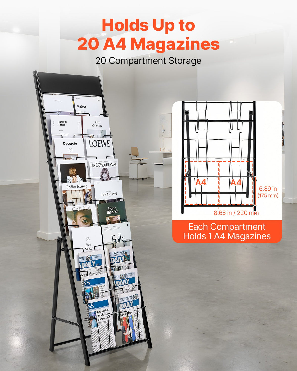 Brochure Display Rack, 20 Pockets Magazine Literature Display Stand, Portable Floor Standing Magazine Rack, V952-WJZSXLDSZJS2CXBZV001V0