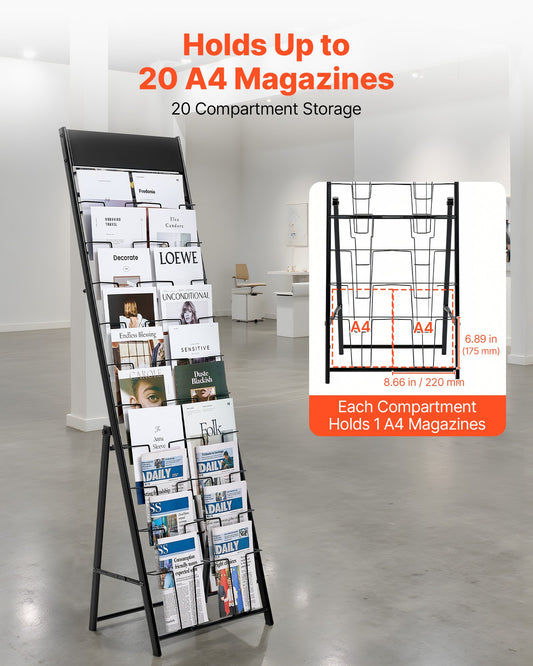 Brochure Display Rack, 20 Pockets Magazine Literature Display Stand, Portable Floor Standing Magazine Rack, V952-WJZSXLDSZJS2CXBZV001V0