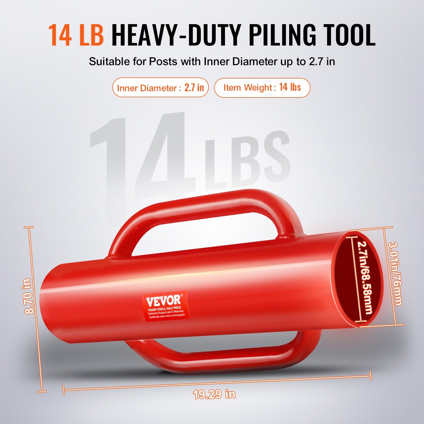 Fence Post Driver with Handles, 2.7 in Inner Diameter T Post Pole Pounder, 14LB Heavy Duty Carbon Steel Hand V952-WLDZQ27INCH1W6YQMV0